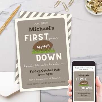 football first birthday party invitation for any milestone party with a football theme